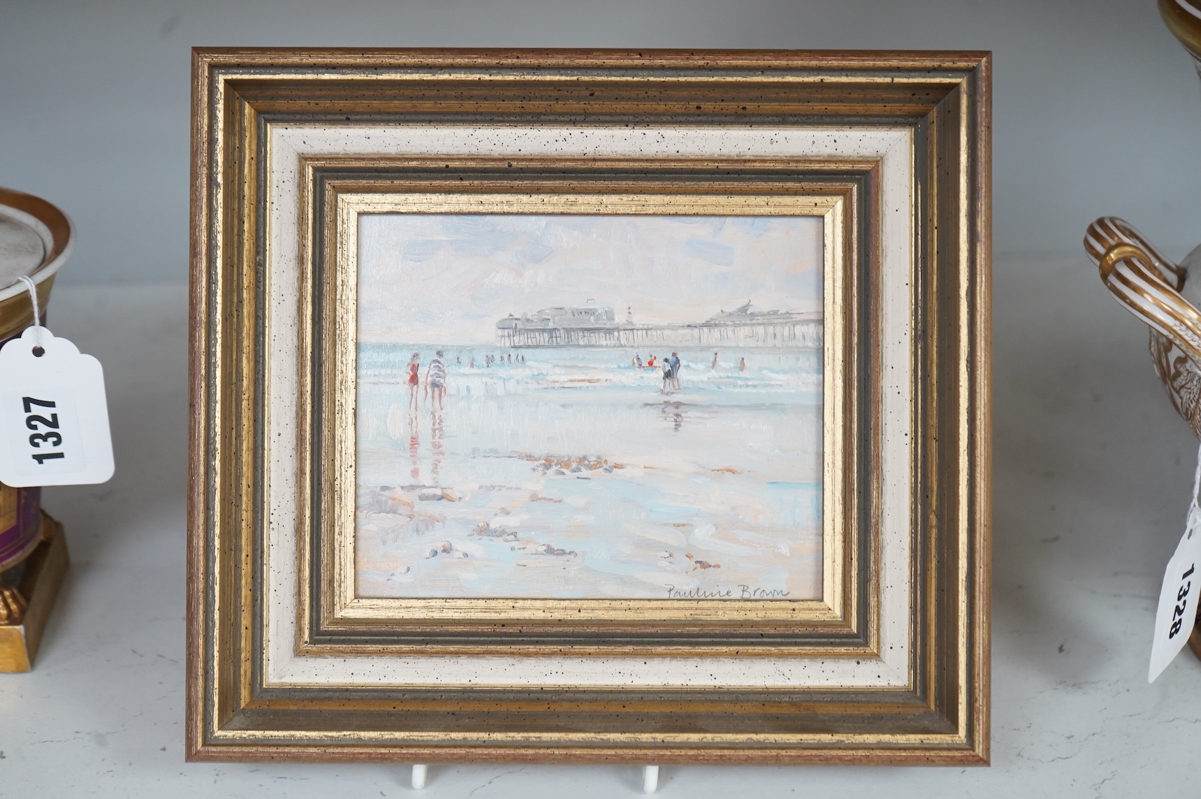 Pauline Brown (b.1926), ‘Low tide, Palace Pier, Brighton’, signed, label verso, oil on board, 11.5 x 14cm